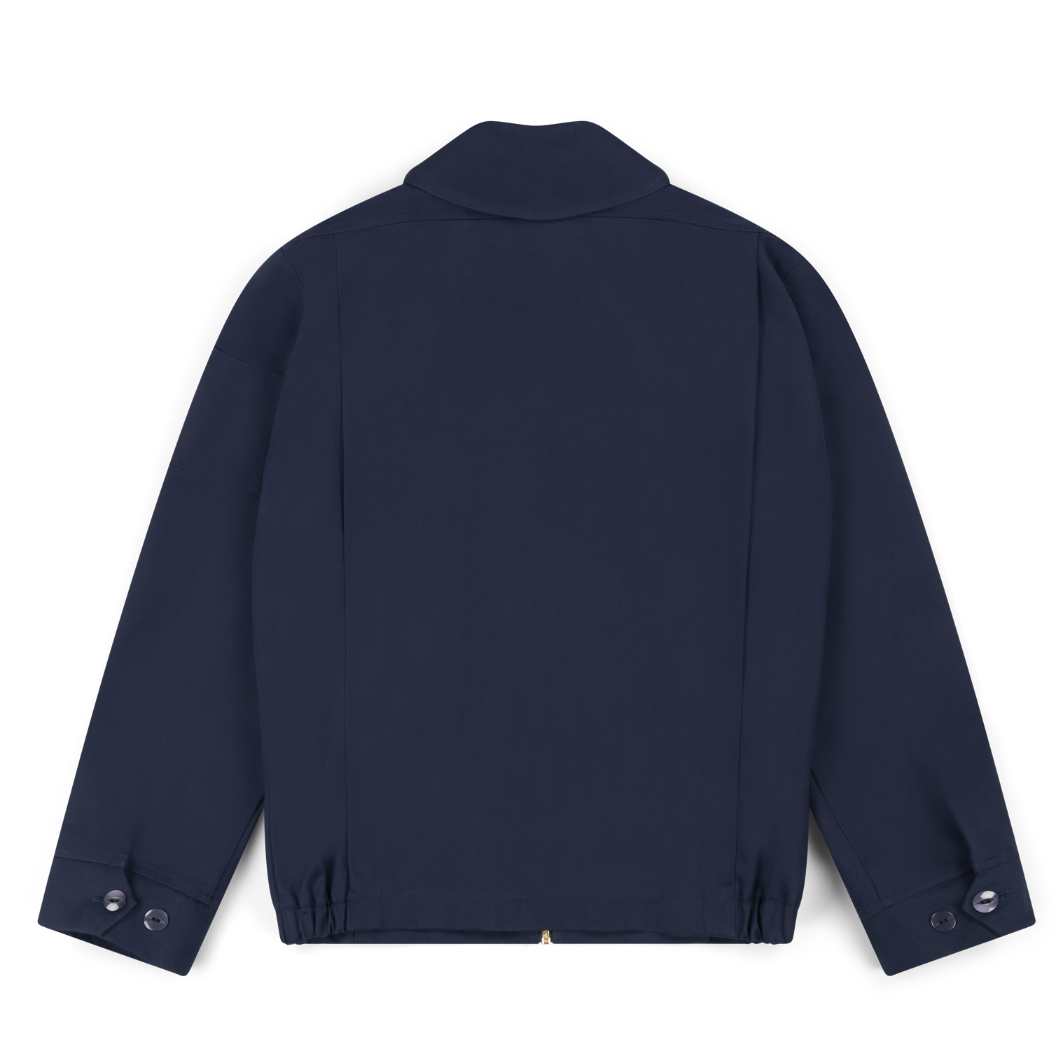 Robbyn unisex navy workwear jacket shown from the back, featuring a boxy fit, reinforced seams, adjustable buttoned cuffs, and minimal detailing.