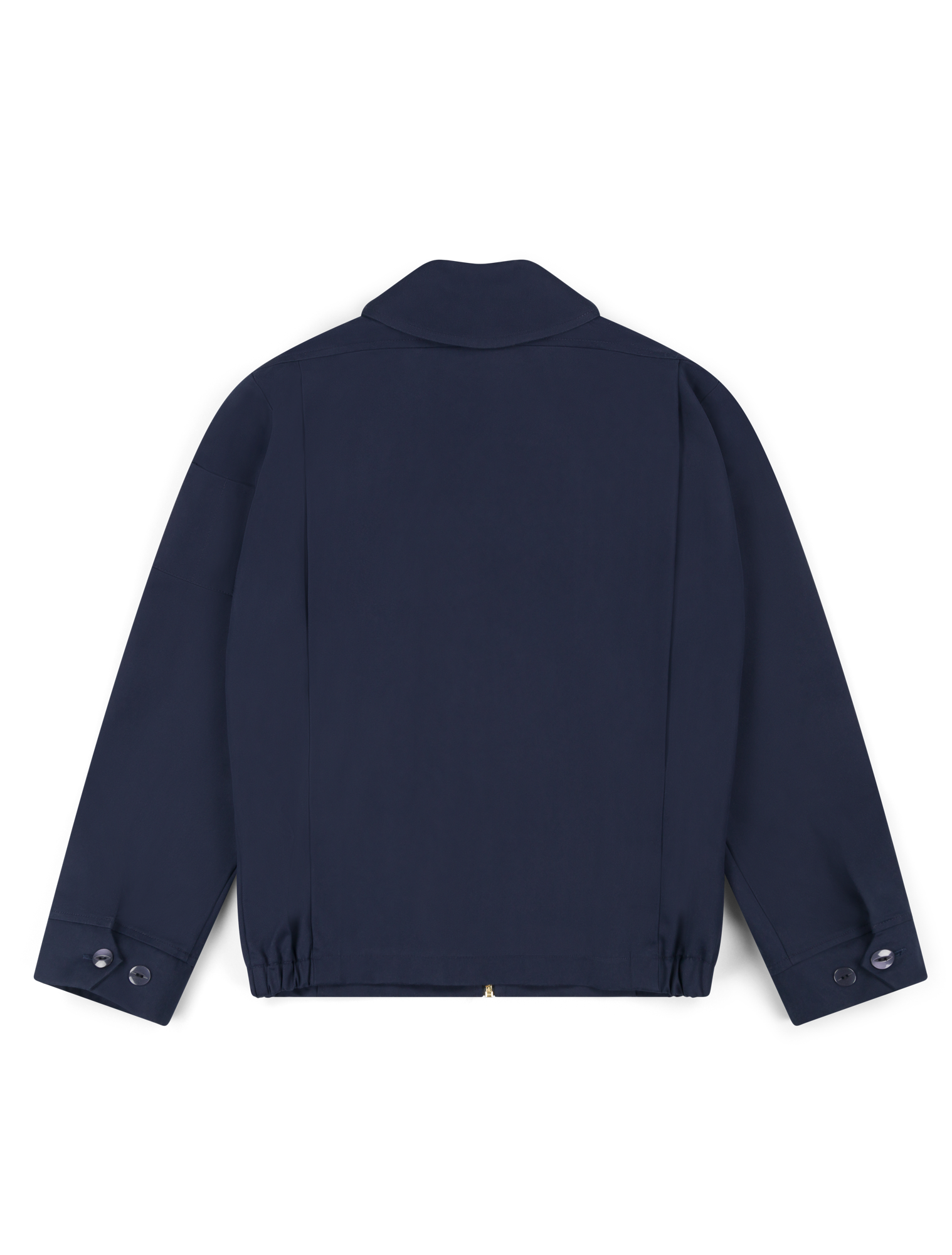 Robbyn unisex navy workwear jacket shown from the back, featuring a boxy fit, reinforced seams, adjustable buttoned cuffs, and minimal detailing.