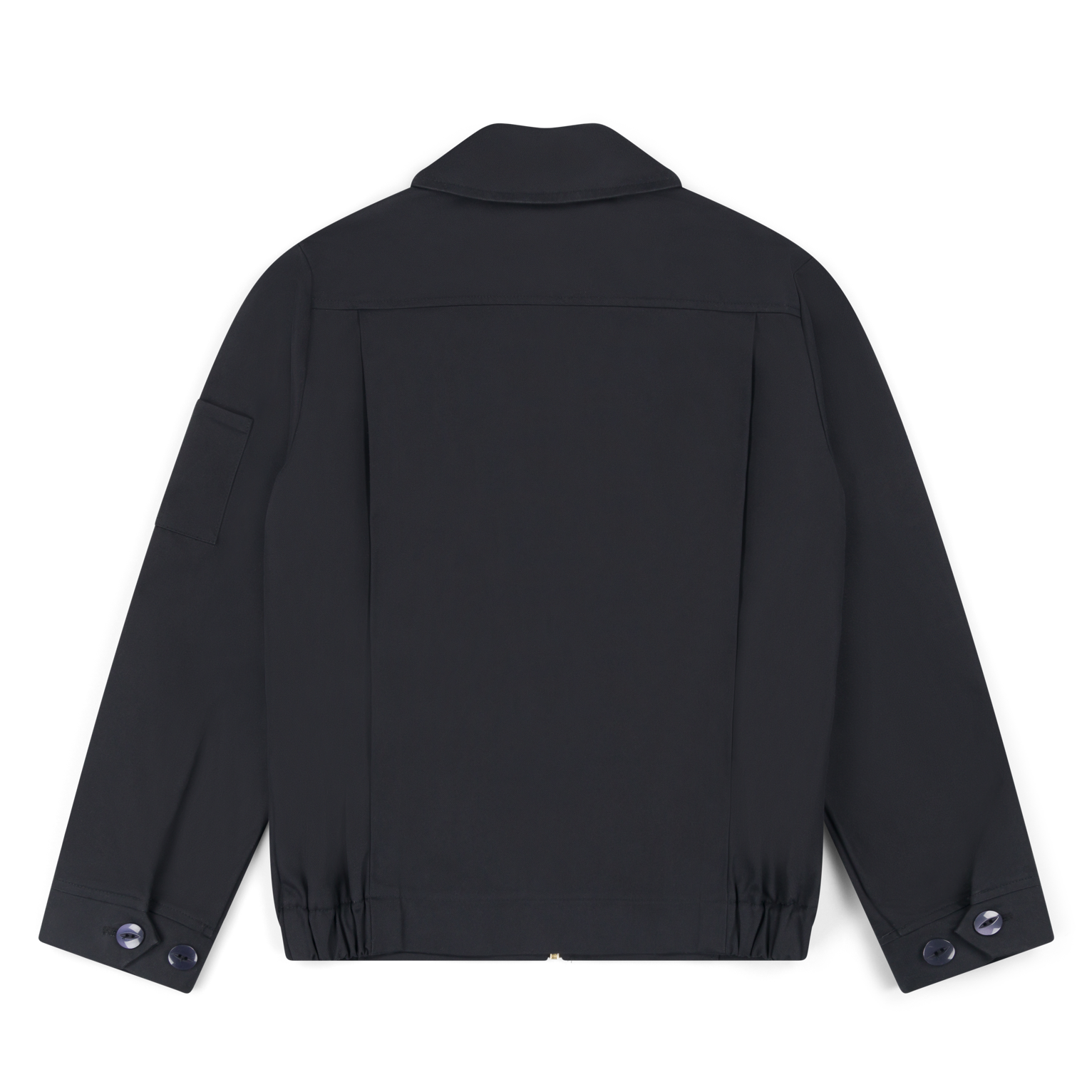 Robbyn female black workwear jacket shown from the back, featuring a boxy fit, reinforced seams, adjustable buttoned cuffs, and minimal detailing.