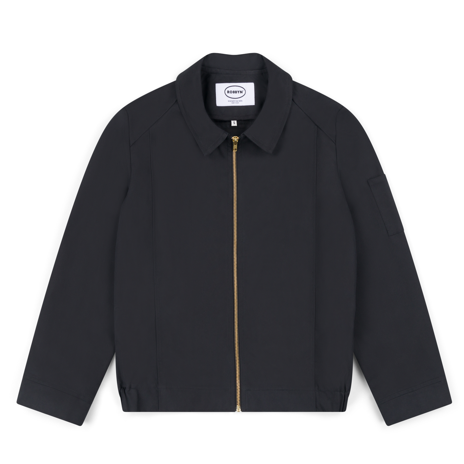 Robbyn unisex navy workwear jacket shown from the front, featuring a boxy fit, reinforced seams, adjustable buttoned cuffs, and chunky zip.