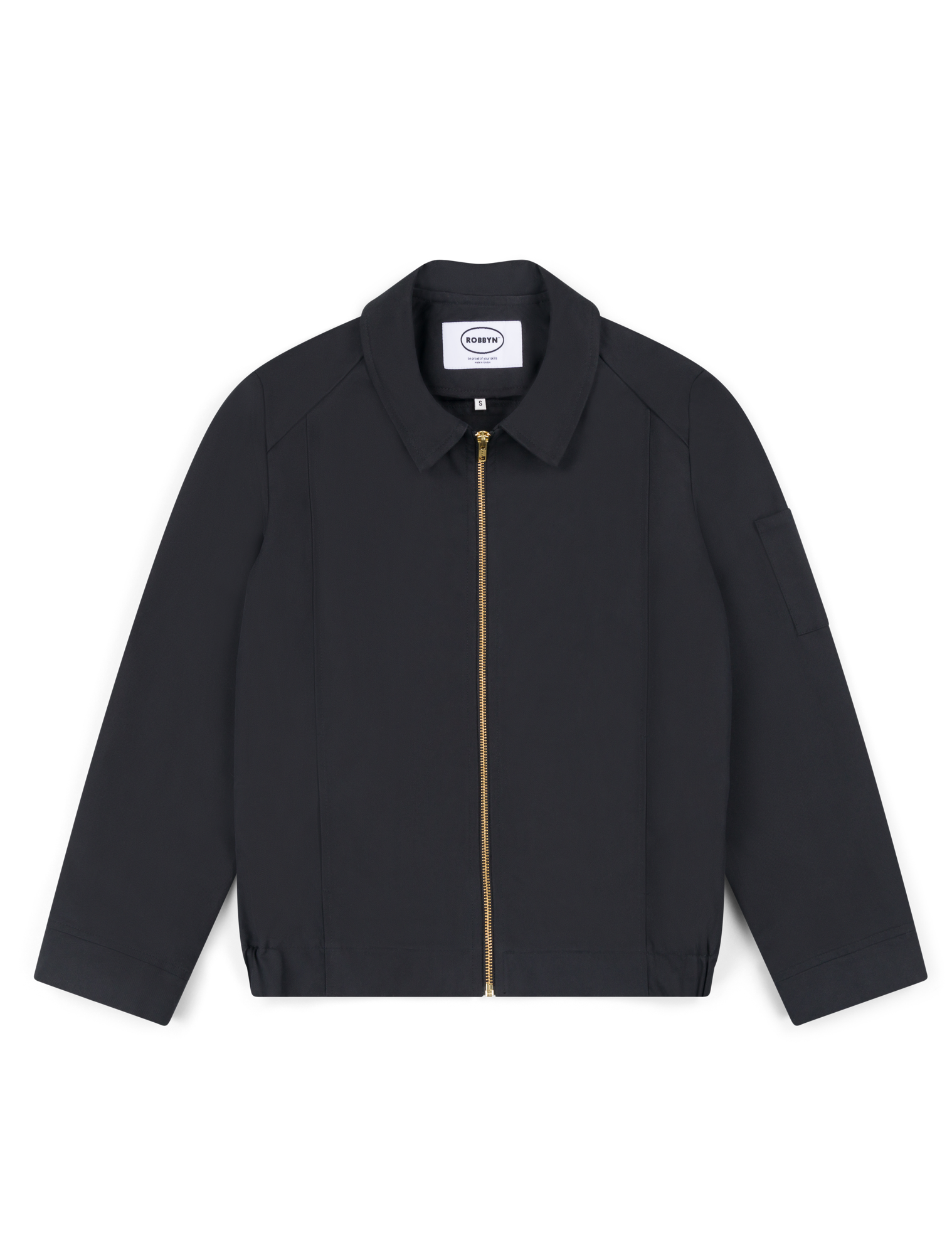 Robbyn unisex navy workwear jacket shown from the front, featuring a boxy fit, reinforced seams, adjustable buttoned cuffs, and chunky zip.