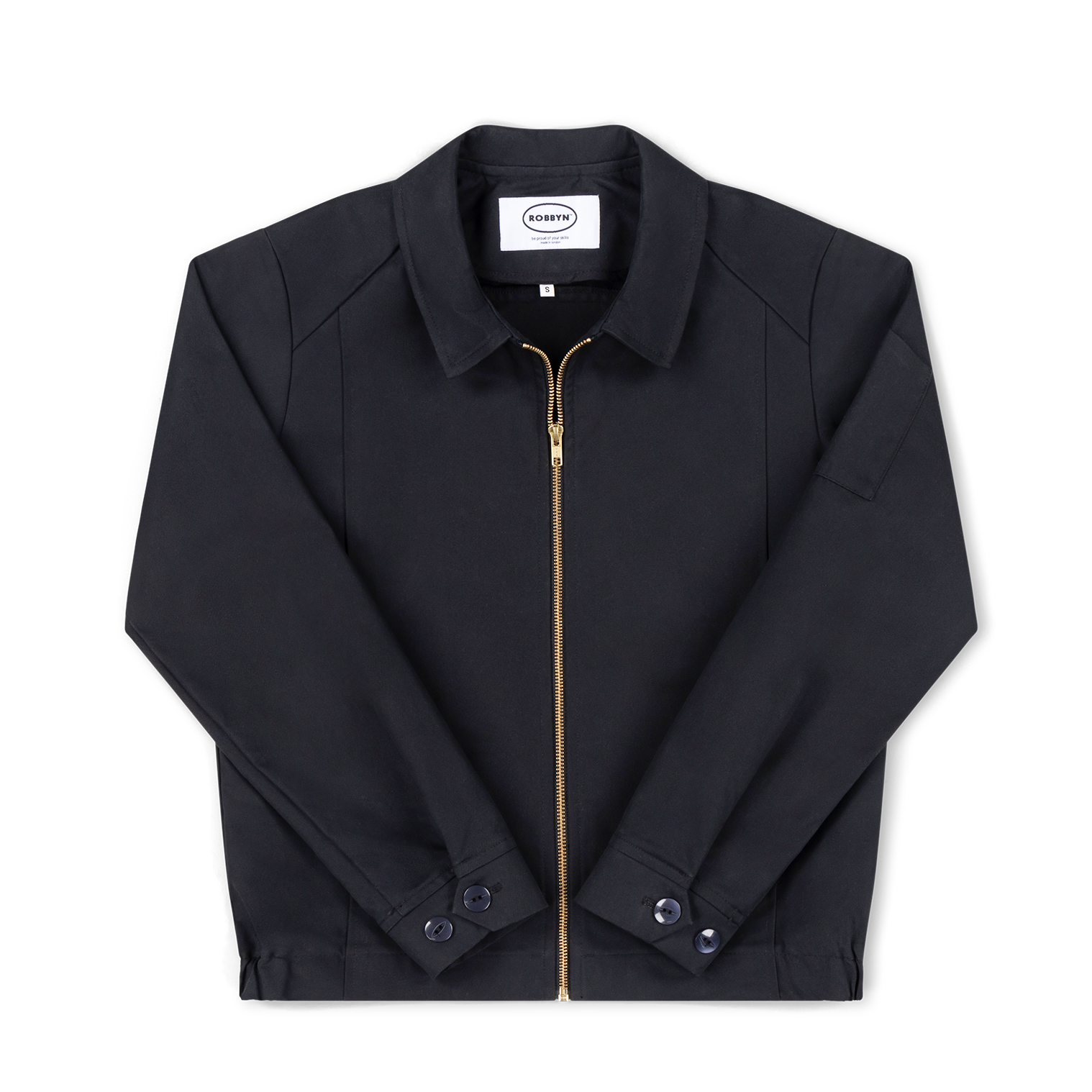Robbyn unisex navy workwear jacket shown from the front, featuring a boxy fit, reinforced seams, adjustable buttoned cuffs, and chunky zip.