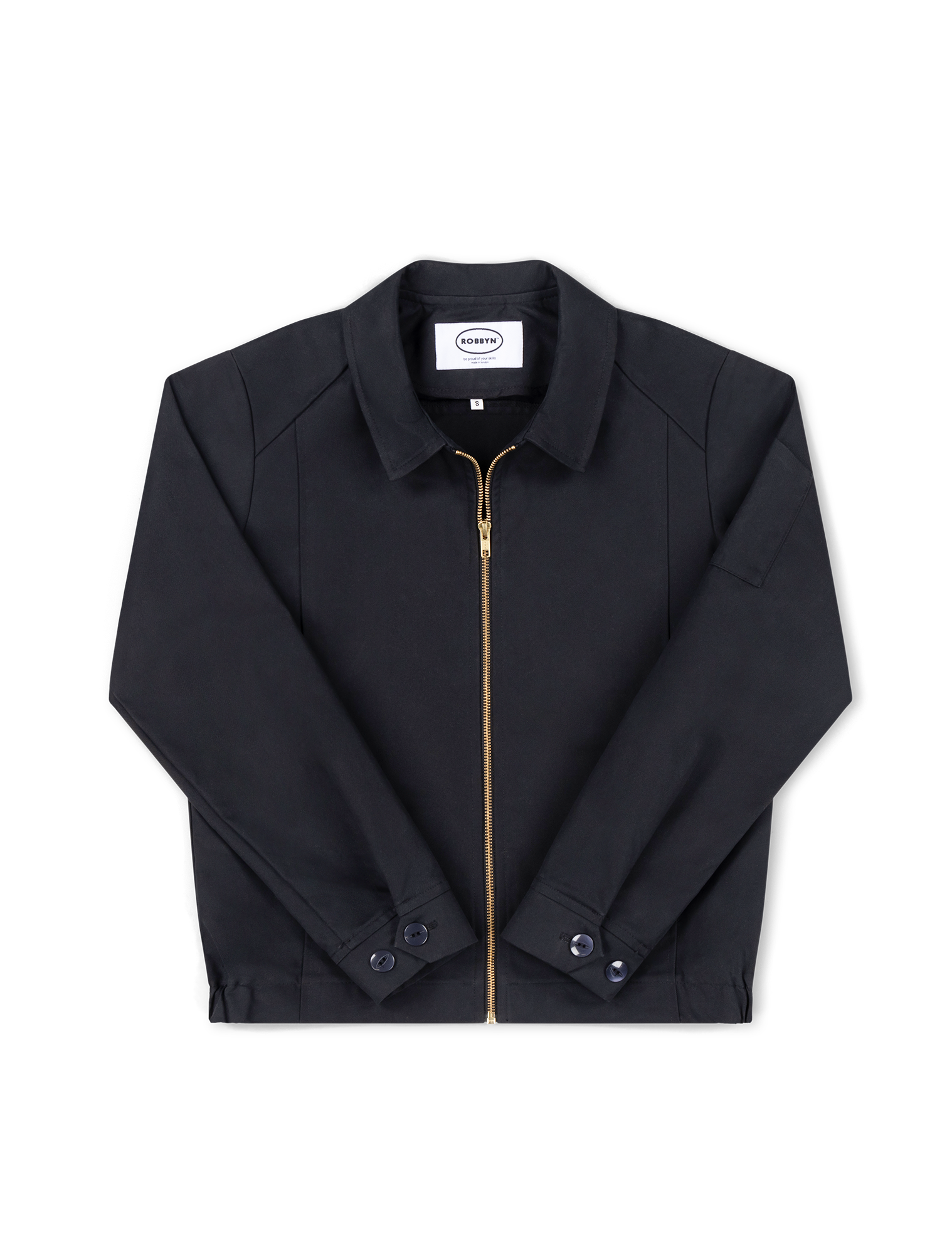Robbyn unisex navy workwear jacket shown from the front, featuring a boxy fit, reinforced seams, adjustable buttoned cuffs, and chunky zip.