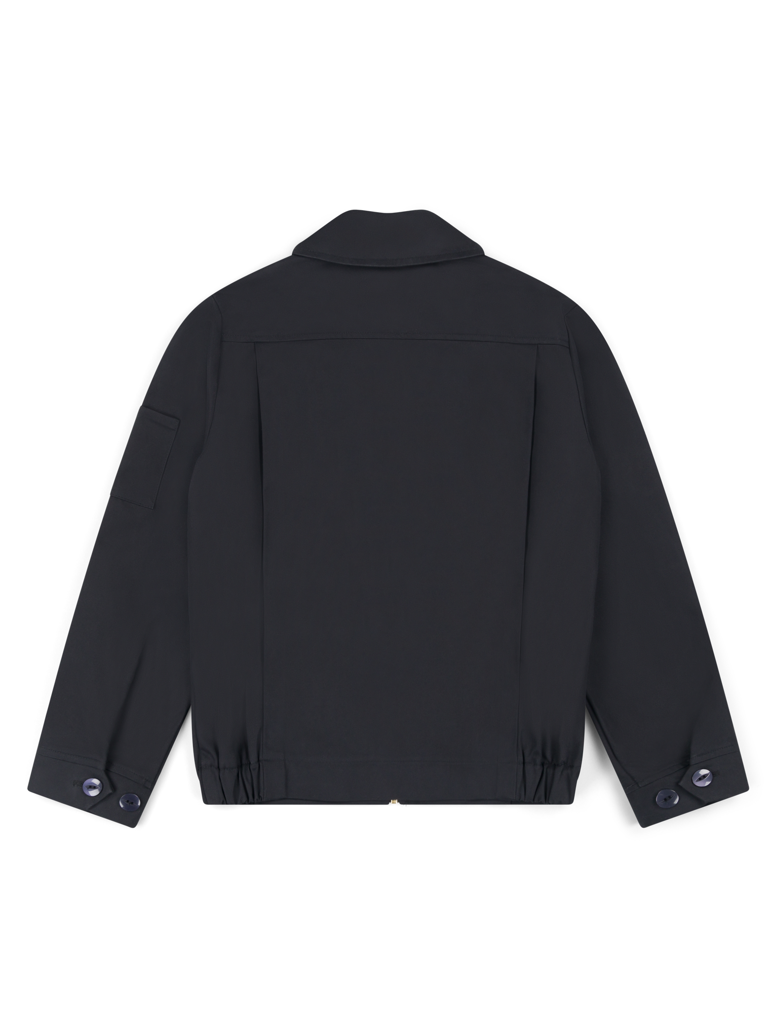 Robbyn female black workwear jacket shown from the back, featuring a boxy fit, reinforced seams, adjustable buttoned cuffs, and minimal detailing.